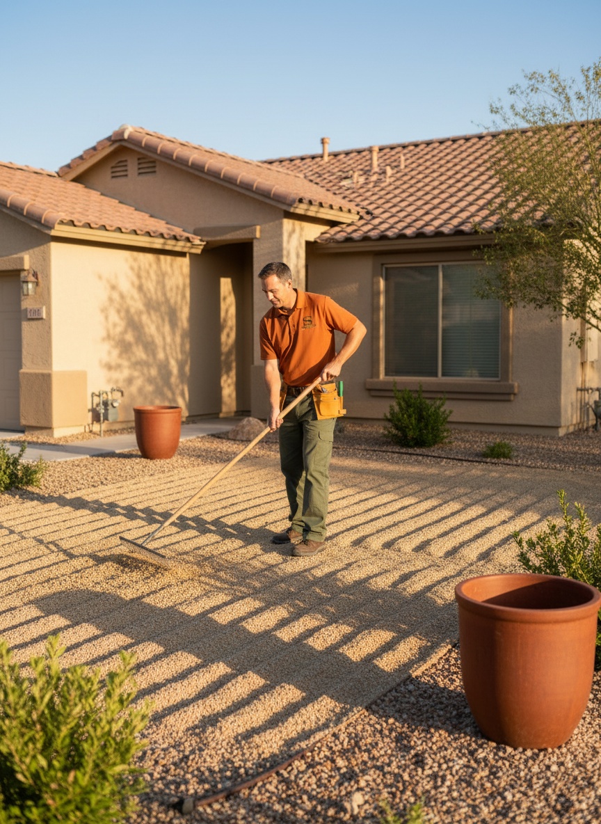 A uniformed Business name crew member raking a decomposed granite front yard in Maricopa in late-afternoon sun