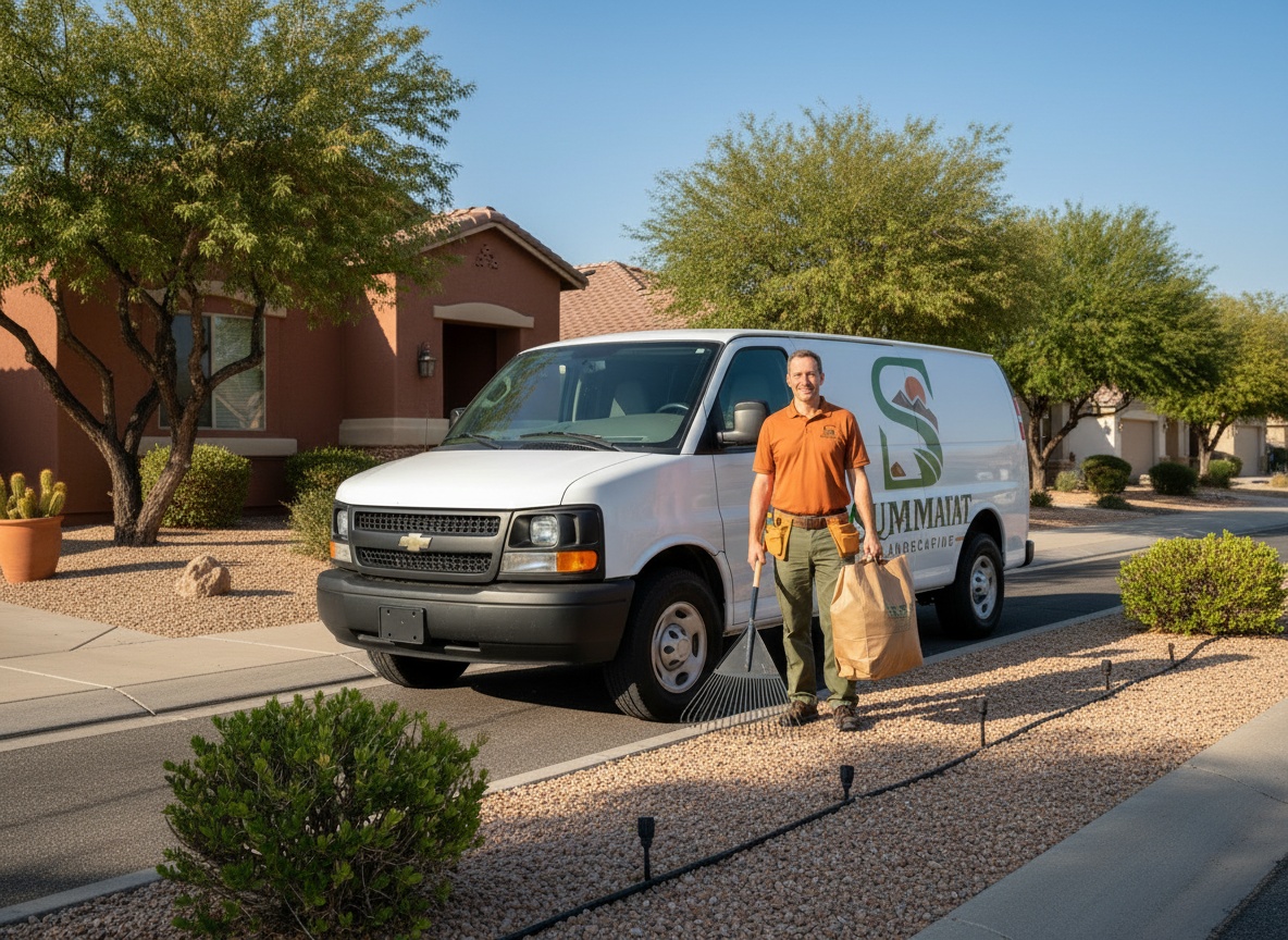 A Business name crew member in a branded shirt beside the company truck in a Maricopa driveway