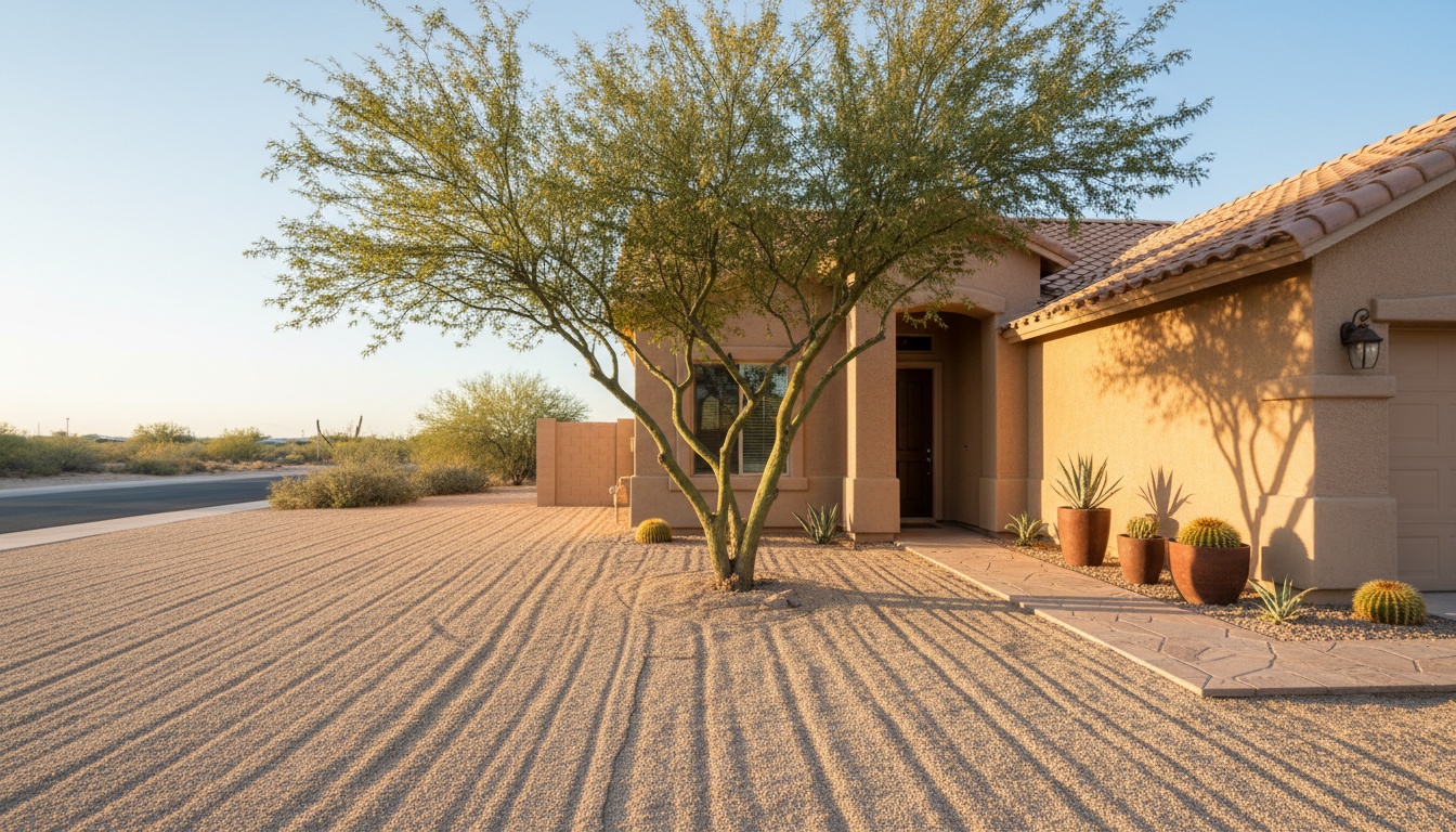 A tidy Maricopa front yard with raked gravel and a freshly trimmed palo verde at golden hour