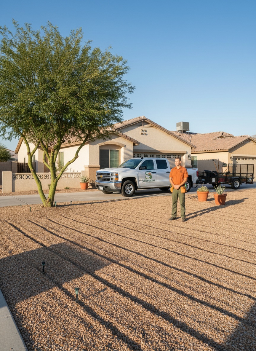 A Squared Away Landscaping crew member in uniform beside the branded work truck in a Maricopa neighborhood
