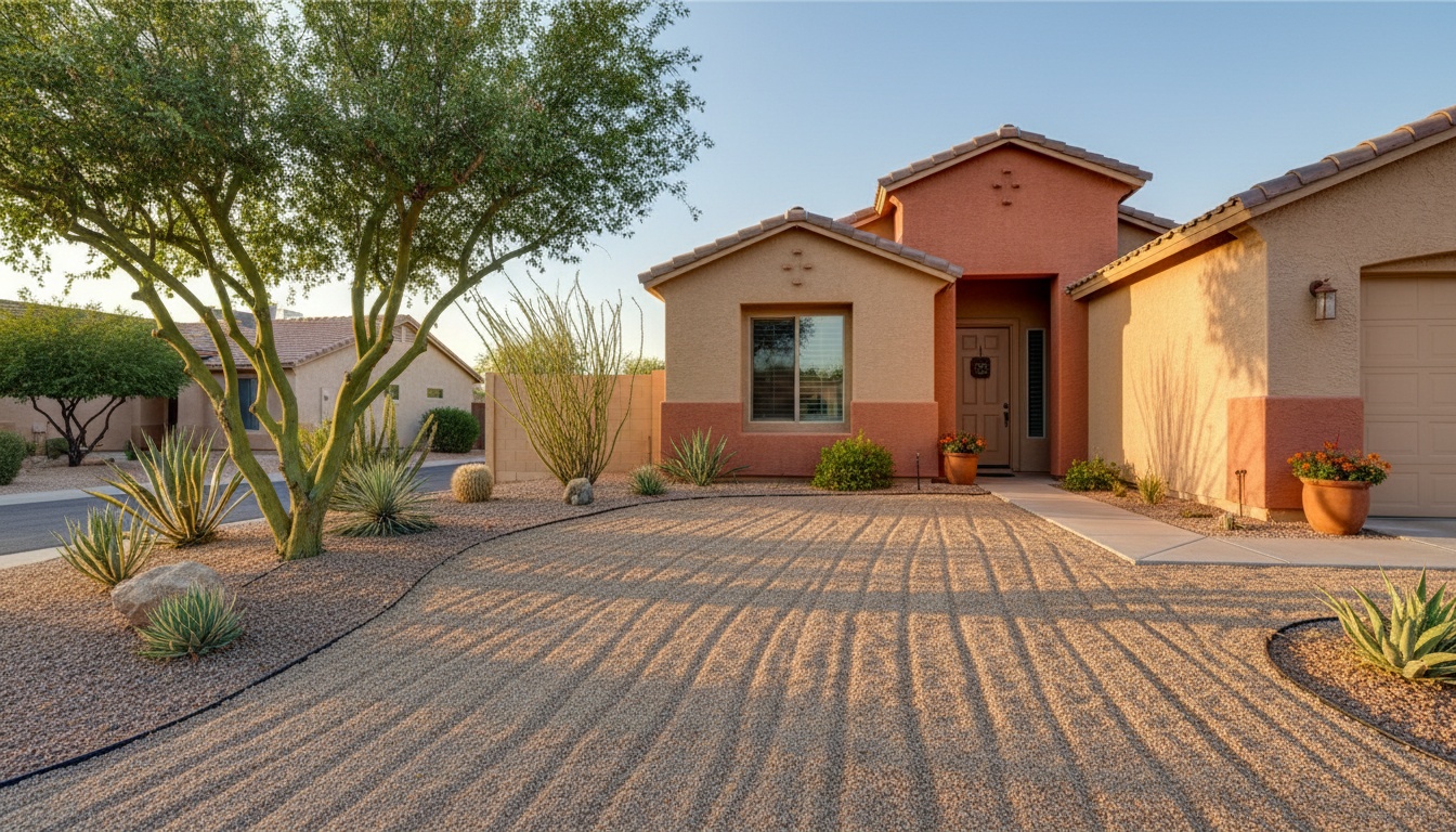 A freshly raked decomposed granite front yard with a trimmed palo verde in warm late-afternoon Arizona light