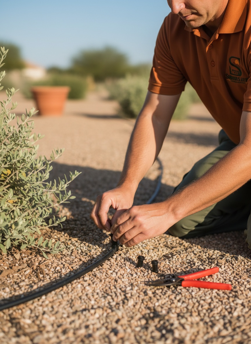 A uniformed crew member's hands fitting a new emitter onto a desert drip line