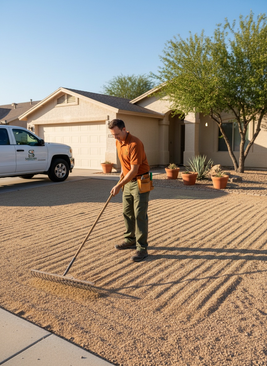 Squared Away Landscaping crew member raking decomposed granite in a Chandler front yard in late-afternoon sun