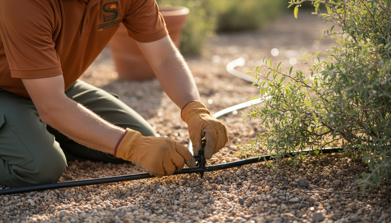 Close-up of a crew member's hands fitting a new drip emitter onto an irrigation line in desert gravel