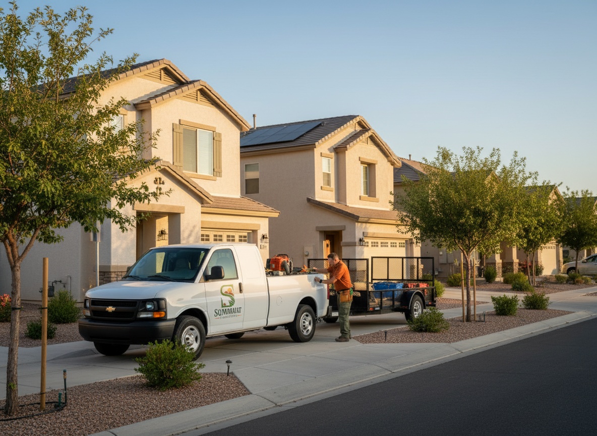 Squared Away Landscaping truck and trailer parked at a Chandler curb with a uniformed crew member unloading tools