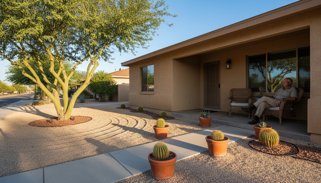 Senior homeowner on a shaded porch looking out at a freshly raked desert front yard in Chandler