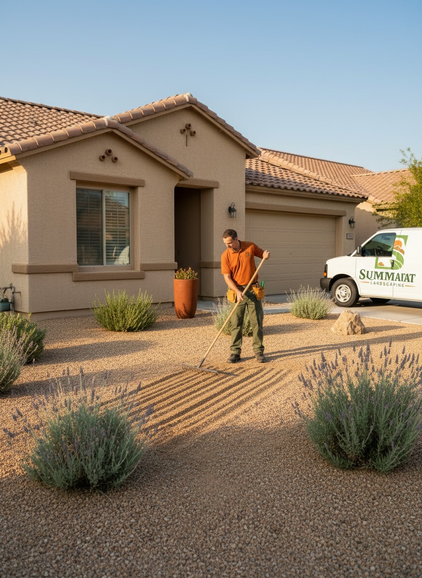 Squared Away crew member raking a gravel front yard outside a stucco home in Maricopa, with the branded truck at the curb