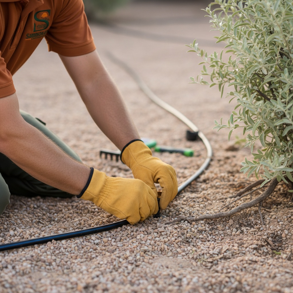 Close-up of a crew member's gloved hands fitting a new drip emitter into sandy desert soil