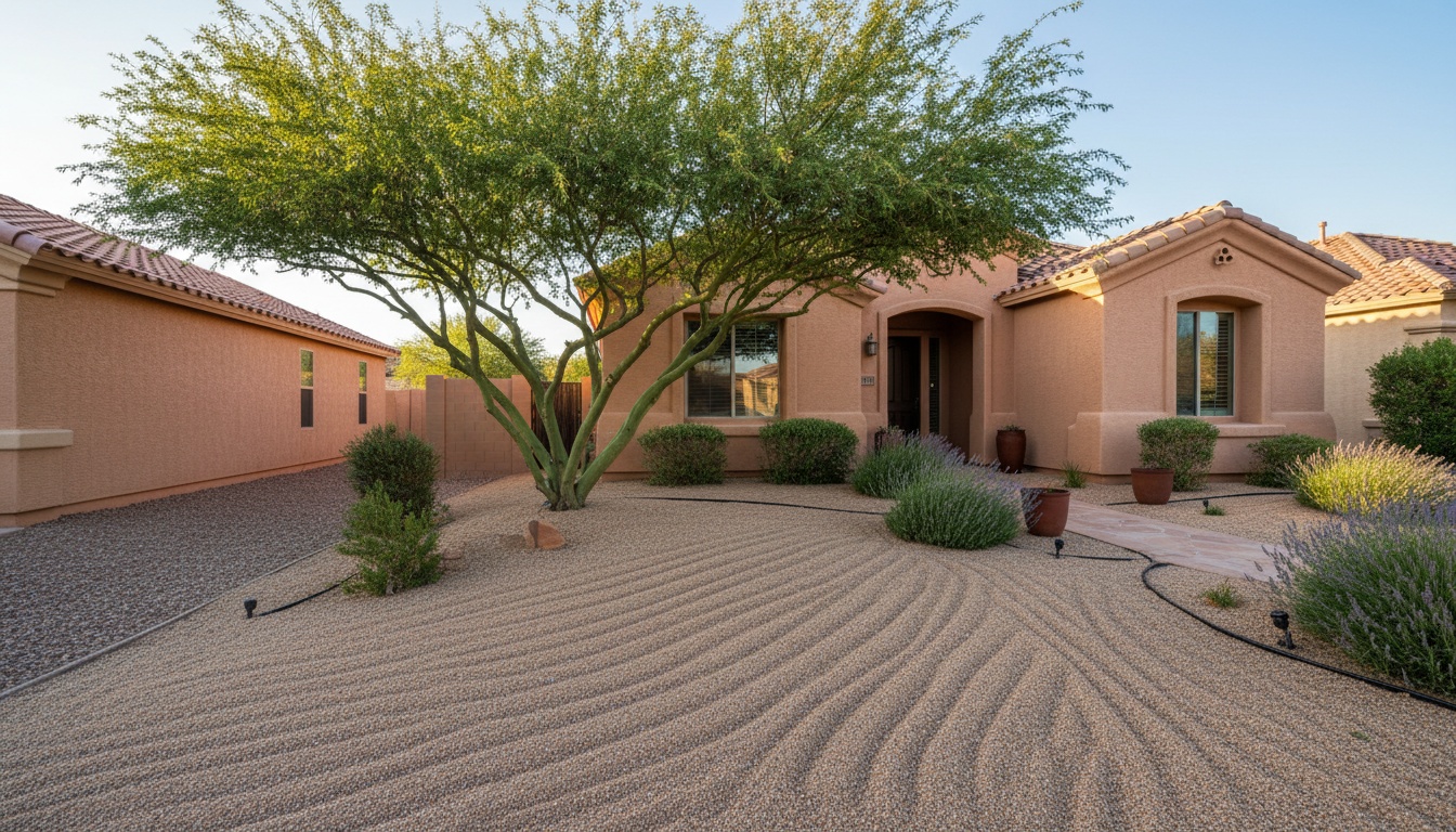 A freshly trimmed palo verde tree over a raked gravel yard in front of a Spanish-style home at sunset