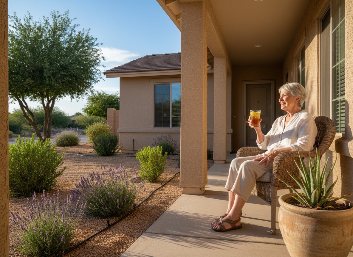 A senior homeowner relaxing on her porch, looking out at a tidy gravel front yard in Maricopa
