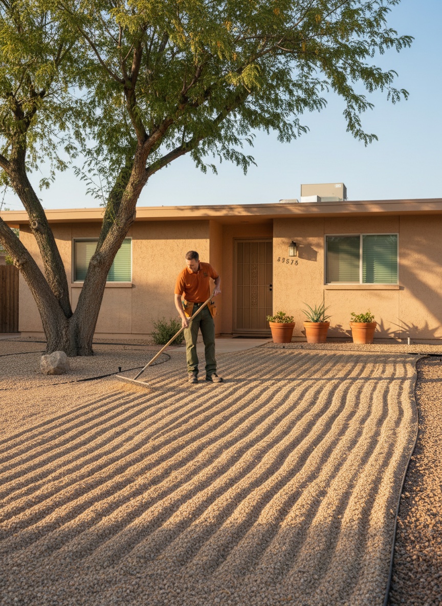 A Squared Away crew member in uniform raking a gravel front yard at a mid-century ranch home in Tempe, with the company truck parked at the curb
