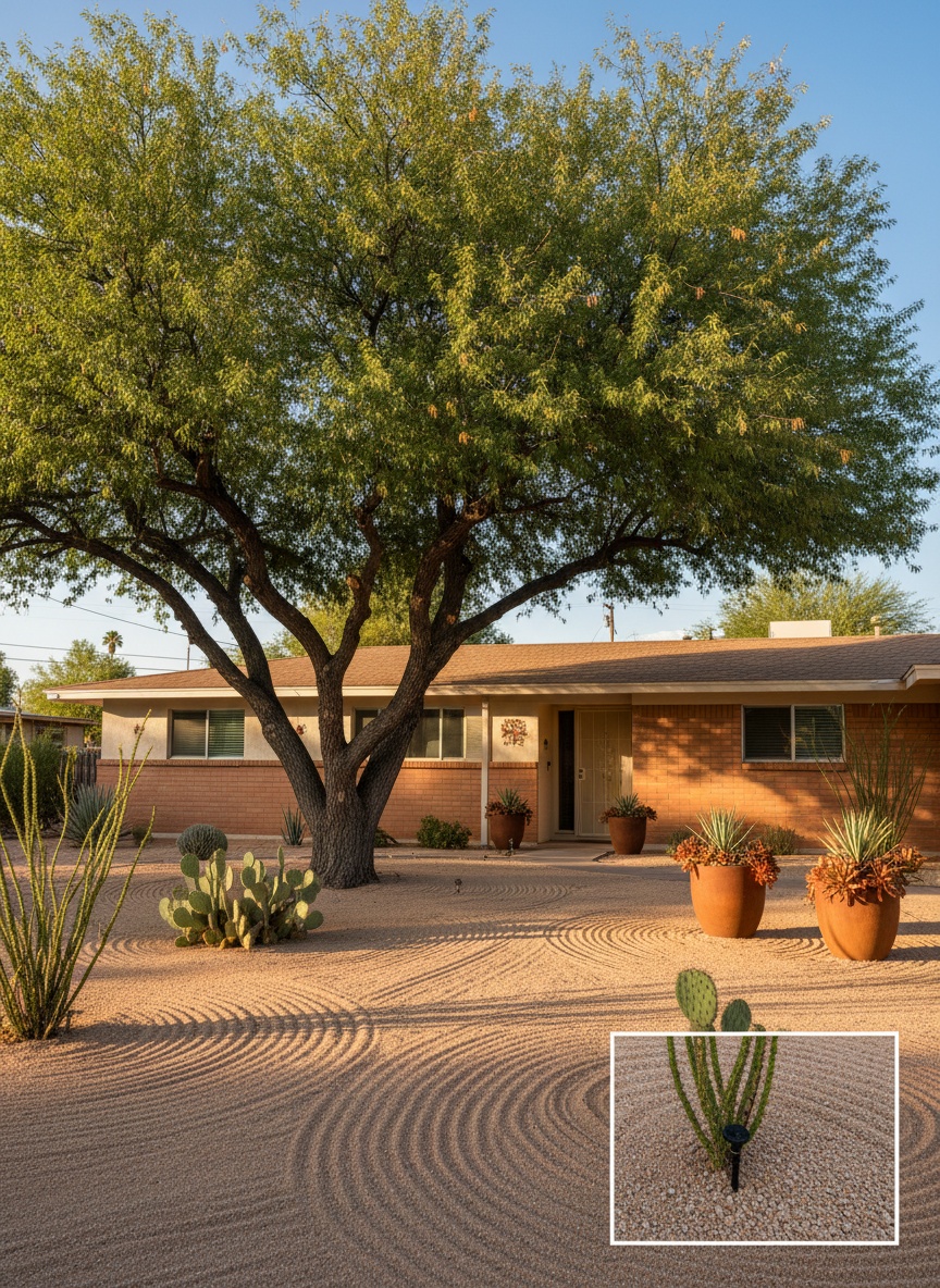 A freshly trimmed mature mesquite tree shading the front of a low ranch house on an established Tempe lot
