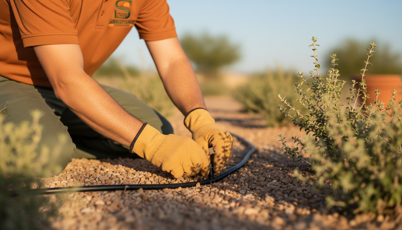 Close-up of a crew member's gloved hands fitting a new drip emitter into a line beside desert shrubs