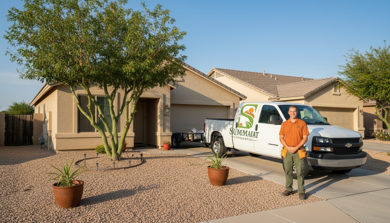 A Squared Away Landscaping crew member in a branded shirt standing beside the company truck in a Maricopa driveway