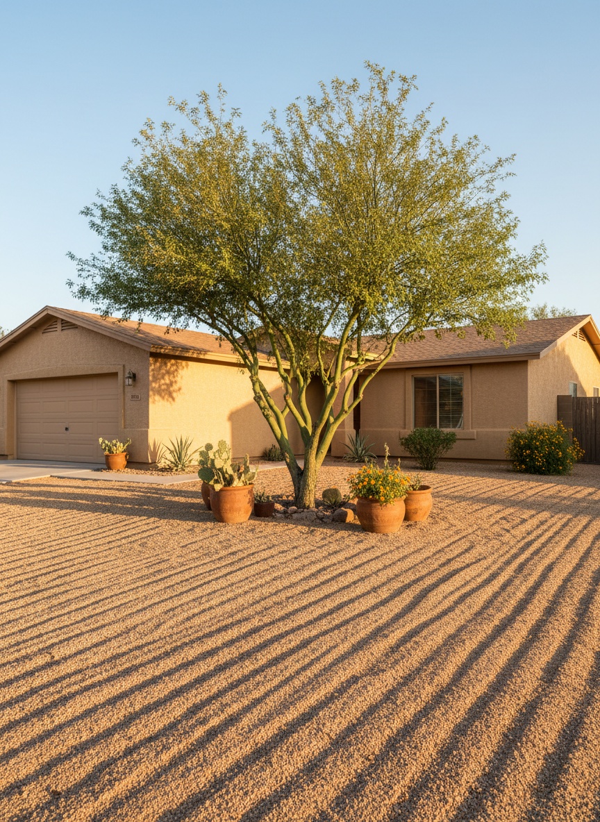 A freshly raked gravel front yard with a trimmed palo verde tree outside a stucco home in Maricopa, AZ