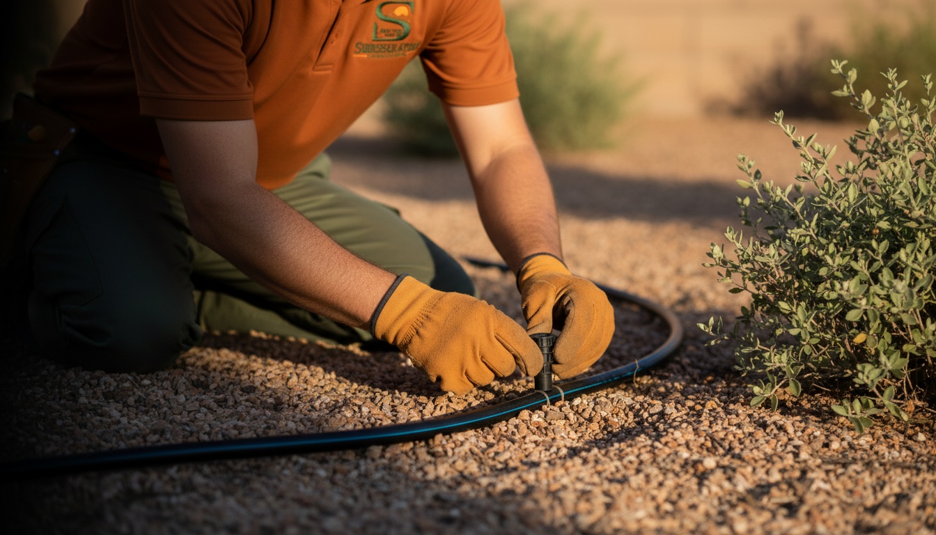 A Squared Away Landscaping crew member's hands fitting a new drip emitter beside a desert shrub in warm evening light