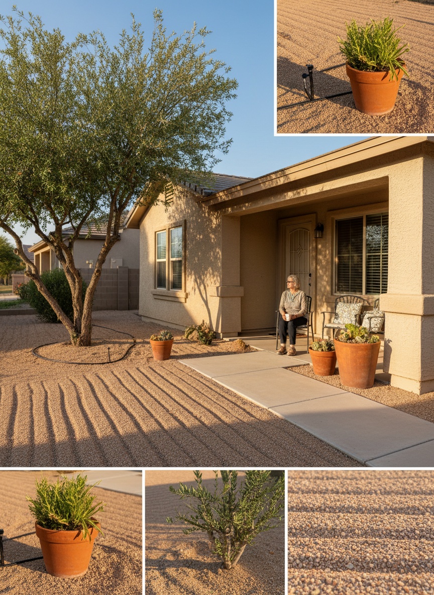 An older homeowner on her shaded porch looking out at a freshly raked gravel front yard