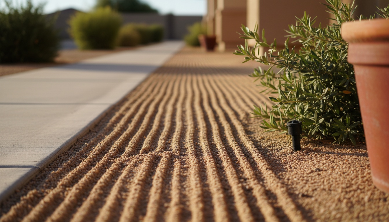 Fresh rake lines in decomposed granite beside a swept front walk in late afternoon sun