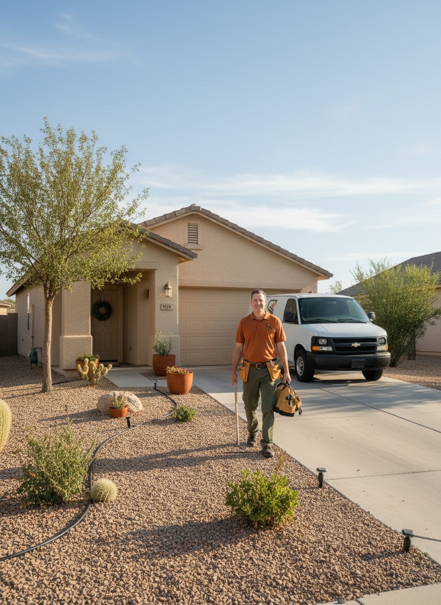 A uniformed crew member walking up a Maricopa driveway from a branded work truck