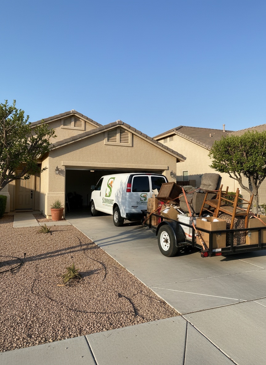 A loaded work trailer in a driveway with an emptied, swept rental garage behind it