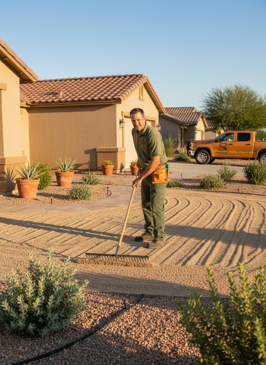 A Squared Away crew member in uniform raking fresh decomposed granite in a tidy Maricopa front yard at golden hour