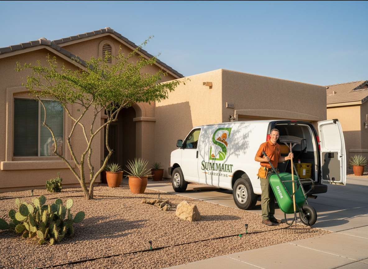 Squared Away crew member unloading tools from the company's marked truck at the curb of a stucco home