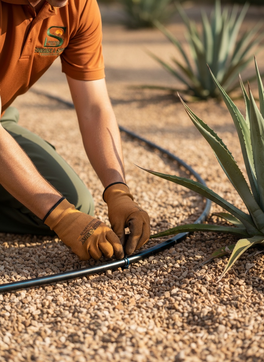 Close-up of a crew member's gloved hands fitting a new emitter onto a drip irrigation line in desert gravel