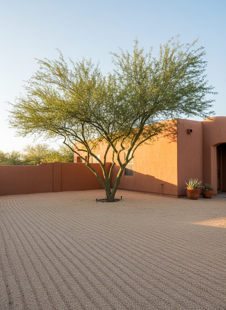 A freshly trimmed palo verde tree with a clean canopy above a raked gravel yard