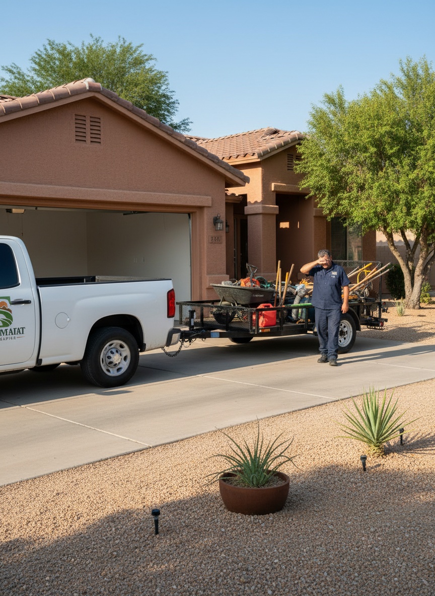 A loaded utility trailer hitched to the company truck in front of an empty, swept rental garage