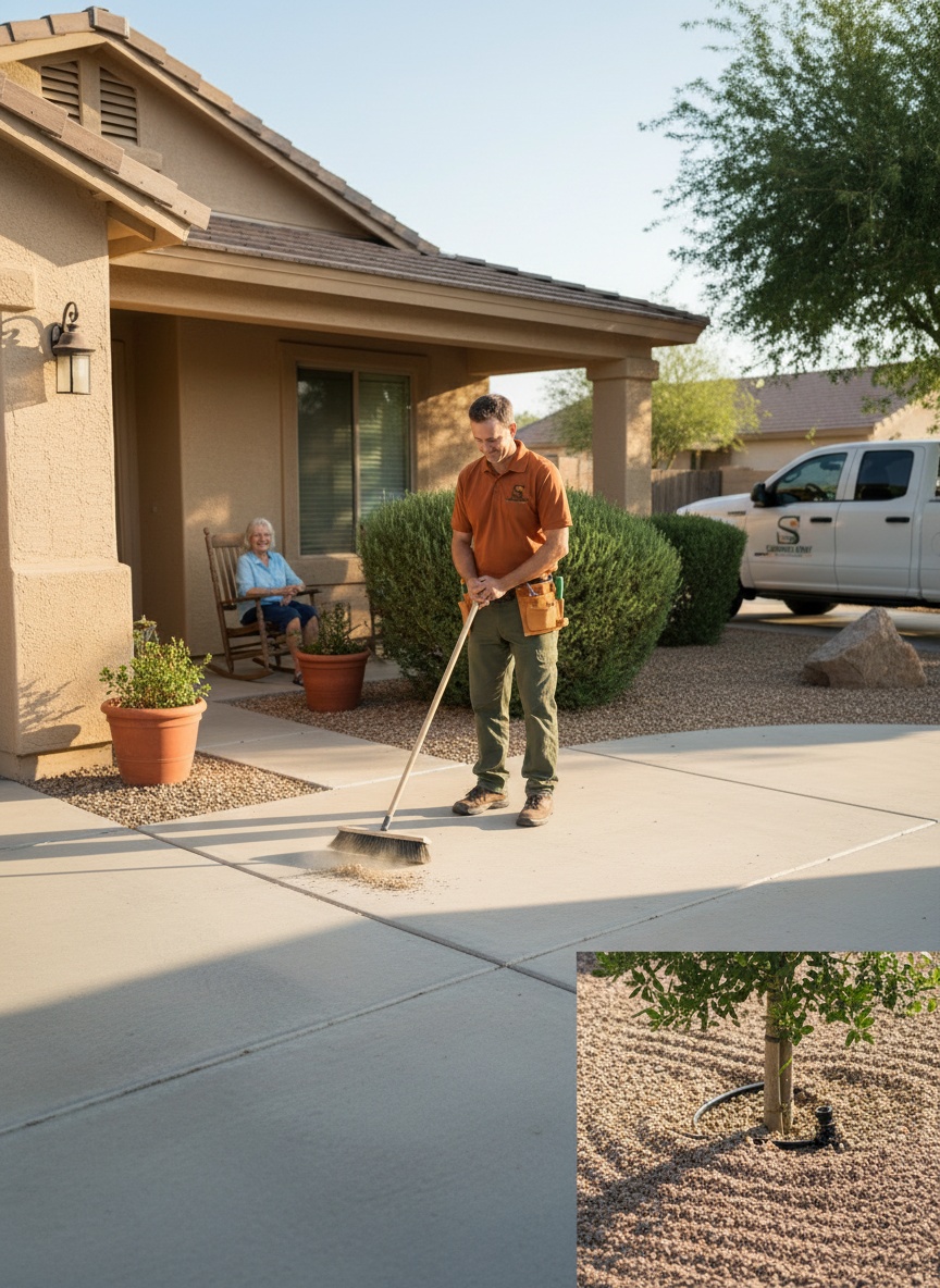 A uniformed crew member sweeping a clean driveway after yard work while the homeowner watches from her porch