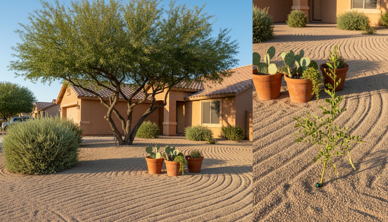 A finished desert front yard with raked gravel, trimmed shrubs and a shaped mesquite in warm evening light
