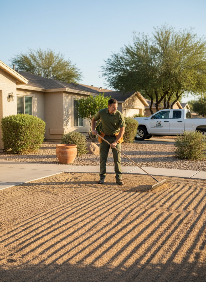 Squared Away crew member raking decomposed granite smooth in a freshly cleaned desert front yard