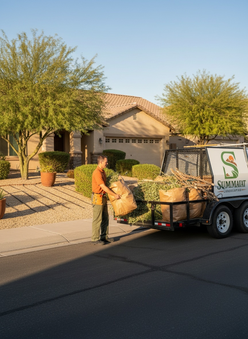 Crew member in a branded uniform loading bagged yard debris onto a trailer behind the company truck