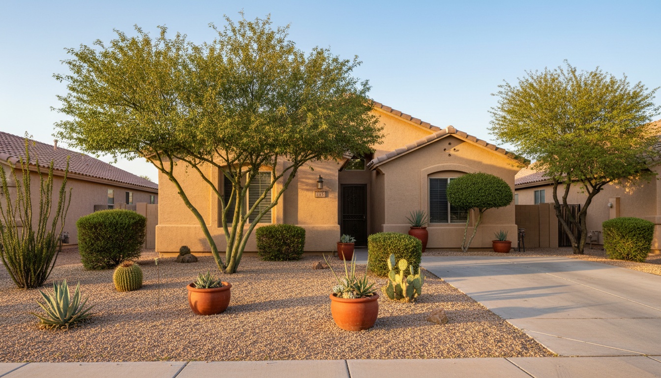 Tidy desert front yard after a cleanup, with raked gravel, trimmed shrubs and clean edges in late-afternoon sun