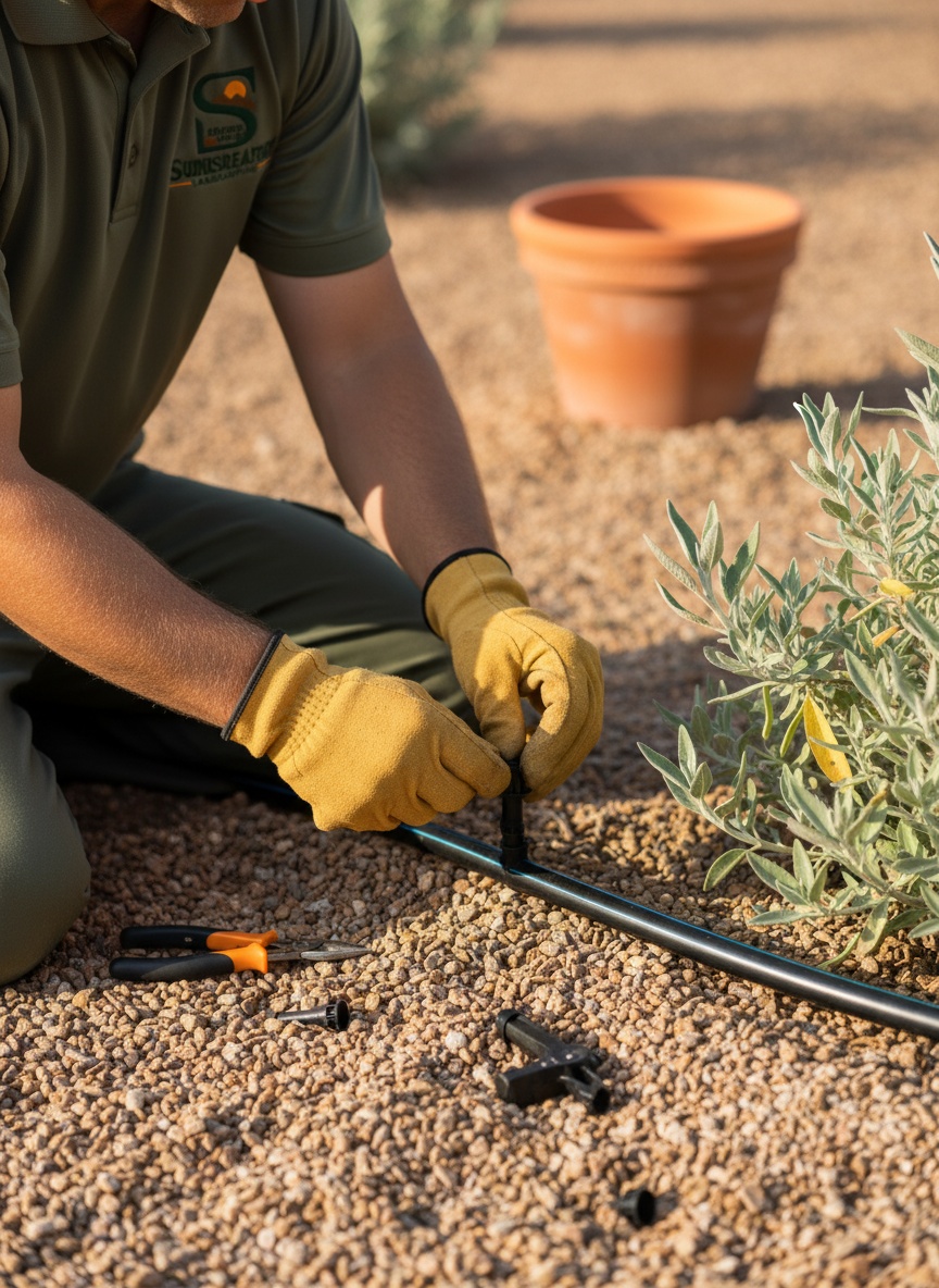 A Squared Away crew member's hands fitting a new emitter onto a drip line beside a desert shrub