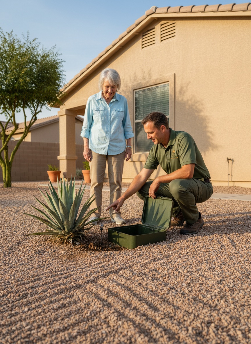 A Squared Away crew member showing an older homeowner a running drip zone in her gravel front yard