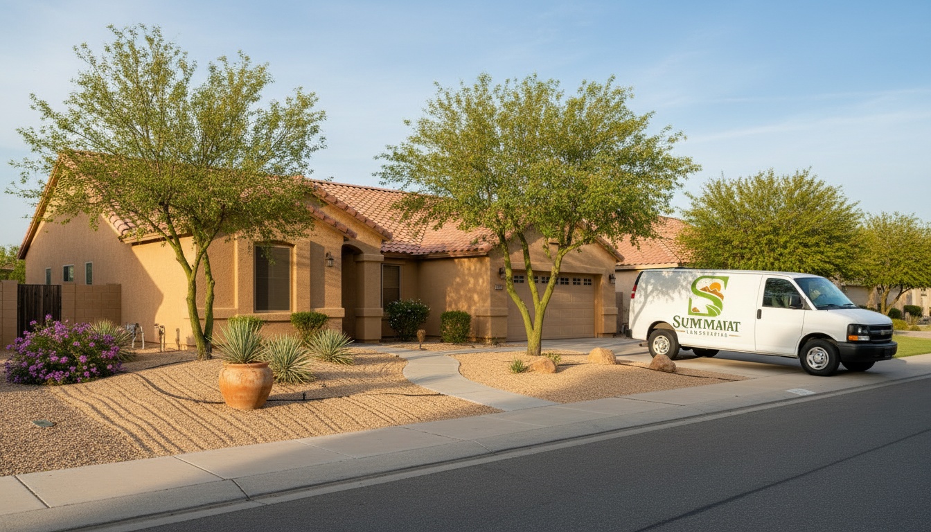 A finished gravel front yard with healthy desert plants and the Squared Away truck at the curb in late-afternoon sun