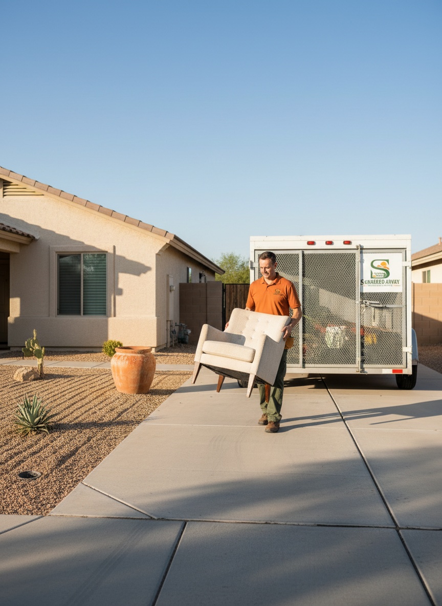 Squared Away crew member in a branded uniform carrying an old armchair down a desert driveway toward a loaded trailer