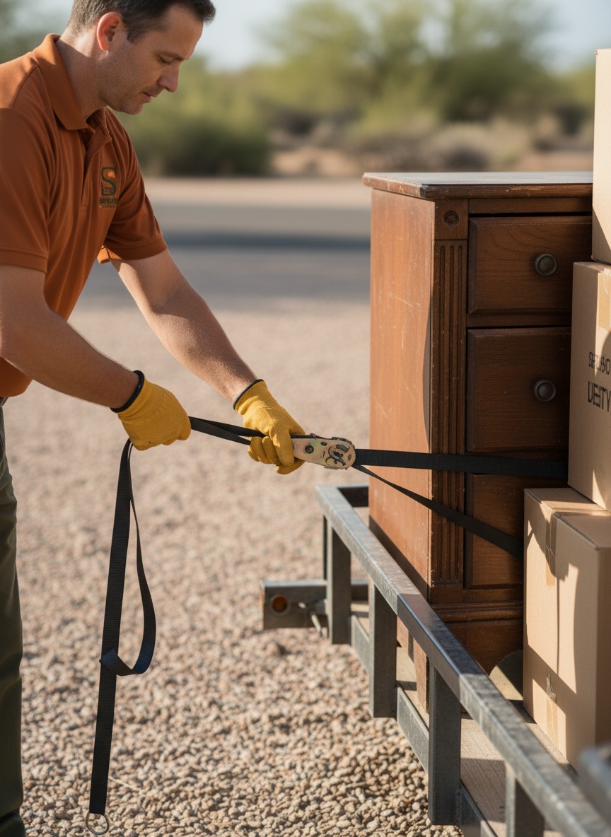 Close-up of a crew member's gloved hands strapping down old furniture on a trailer
