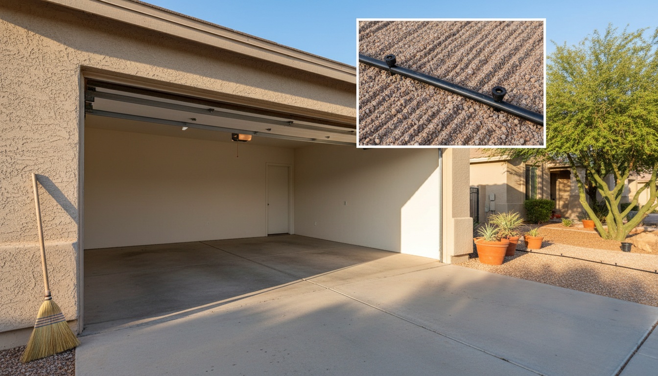 An empty, freshly swept garage with the door open to warm late-afternoon light on a desert driveway