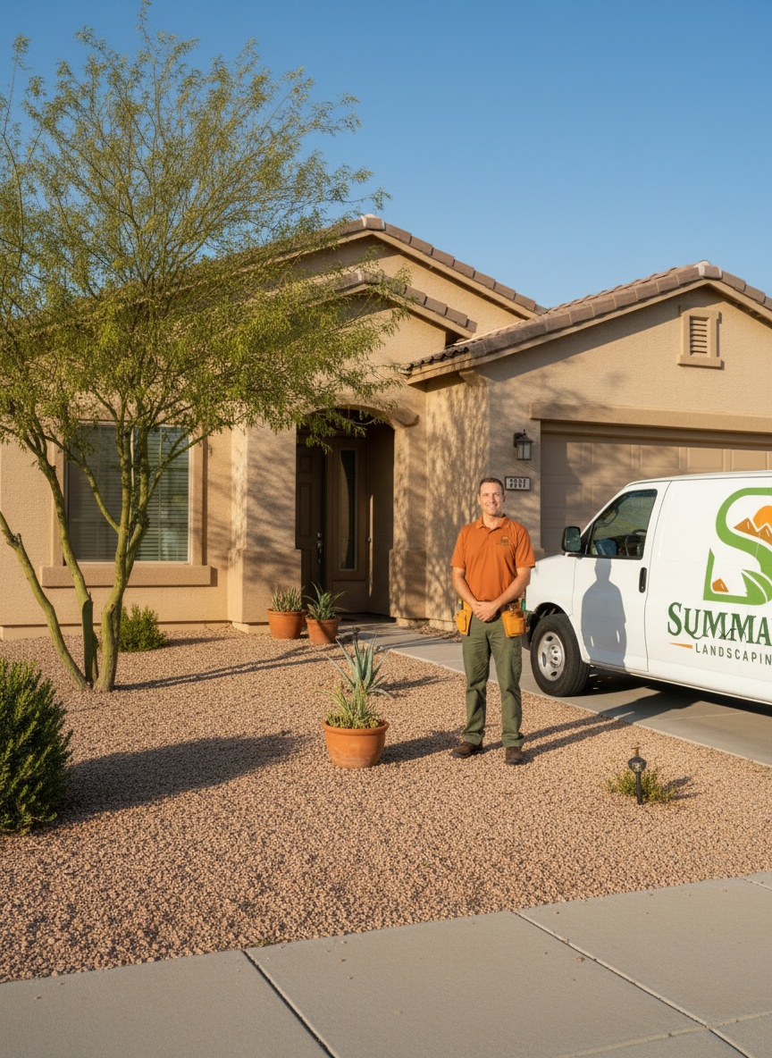 Squared Away team member in uniform standing beside the company's branded truck outside a stucco home