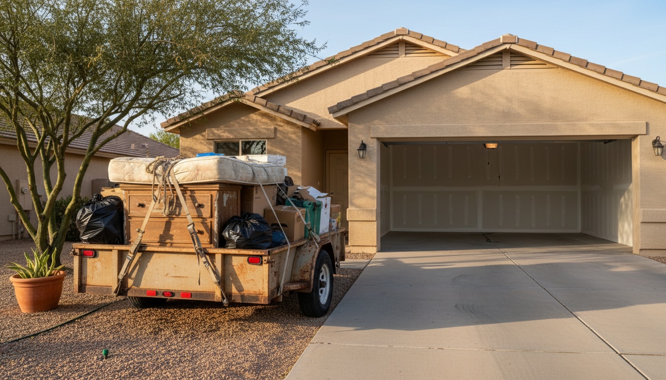 A loaded trailer of hauled-off furniture and bags in a driveway, with an empty, swept garage behind it