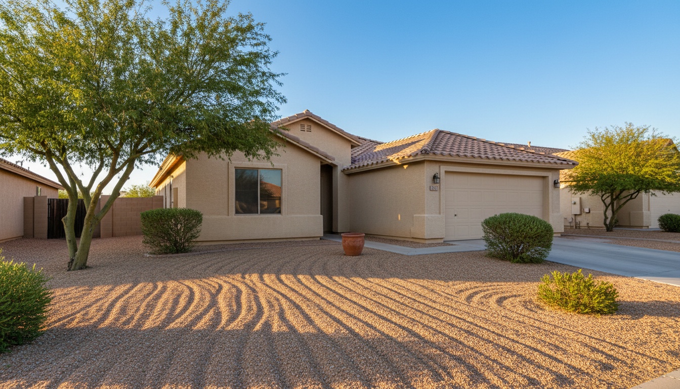 The front of a vacant single-story stucco rental with a freshly raked gravel yard and a clear driveway in late afternoon sun