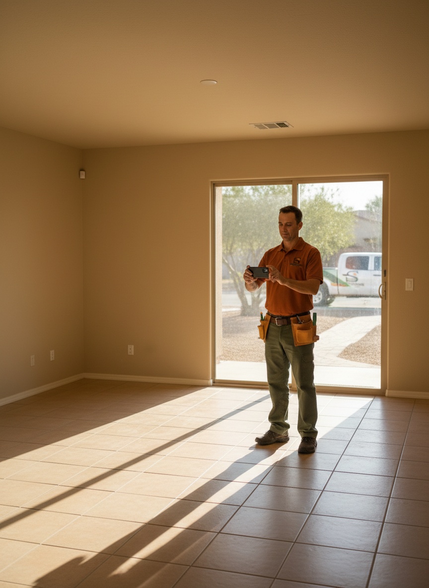 A Squared Away team member photographing an empty, swept living room for the property owner after a trashout