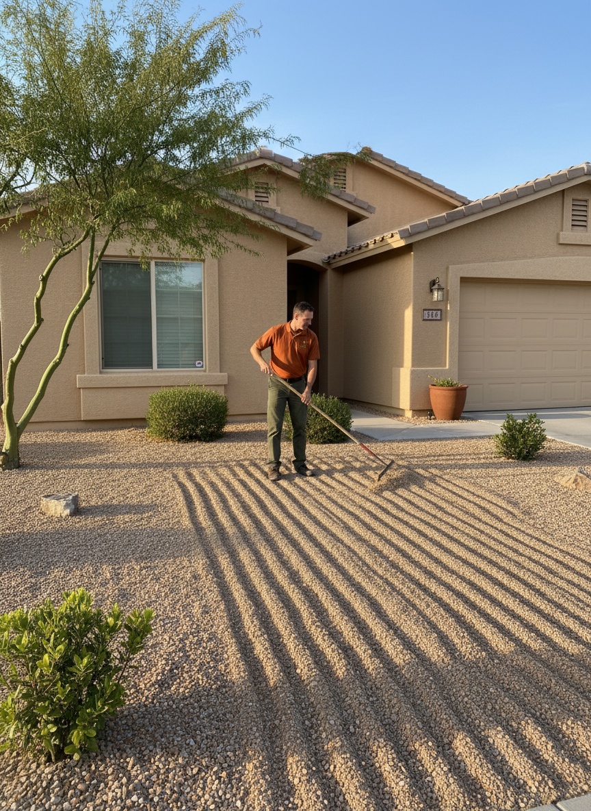 Squared Away crew member raking decomposed granite in a tidy desert front yard, branded truck at the curb