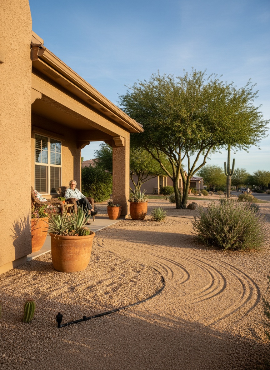 Older homeowner on a shaded porch looking out at a neatly kept gravel yard