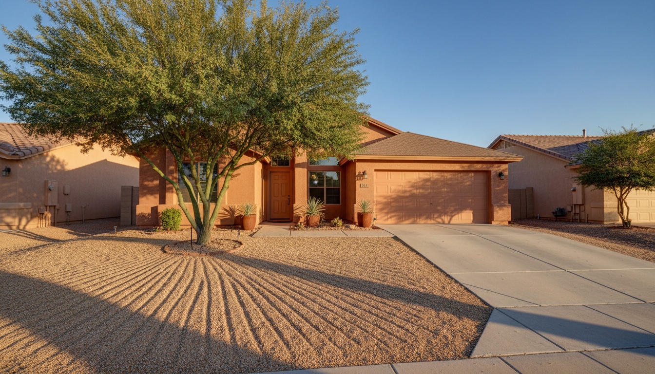 Freshly raked gravel front yard with a trimmed palo verde in warm late-afternoon light