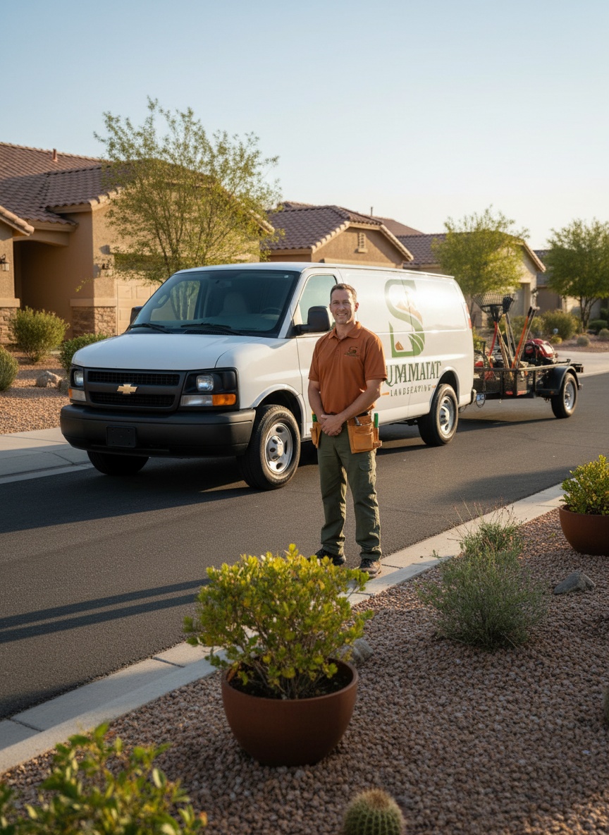 Squared Away team member in branded uniform beside the company truck on a quiet neighborhood street