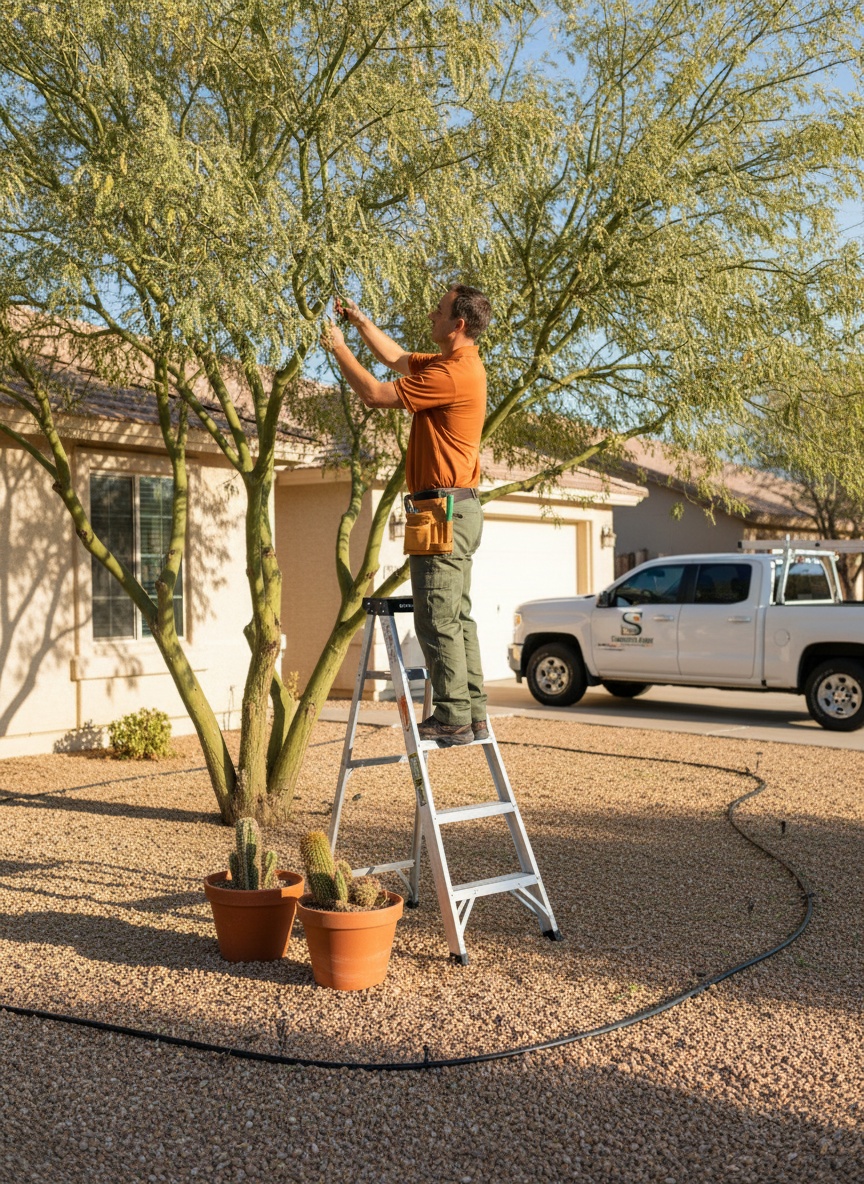Squared Away crew member trimming a palo verde tree over a gravel front yard in late-afternoon sun