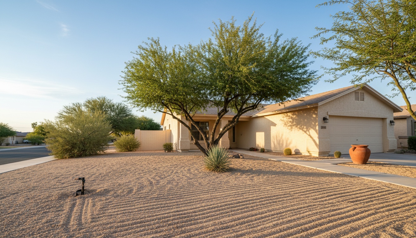 Freshly trimmed mesquite tree shading a raked gravel front yard and stucco home at golden hour